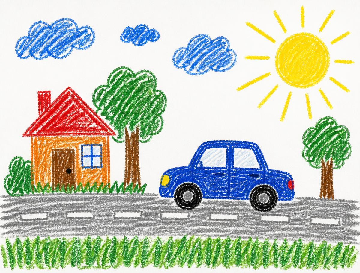 Crayon drawing of a blue car driving past a house under a sunny sky